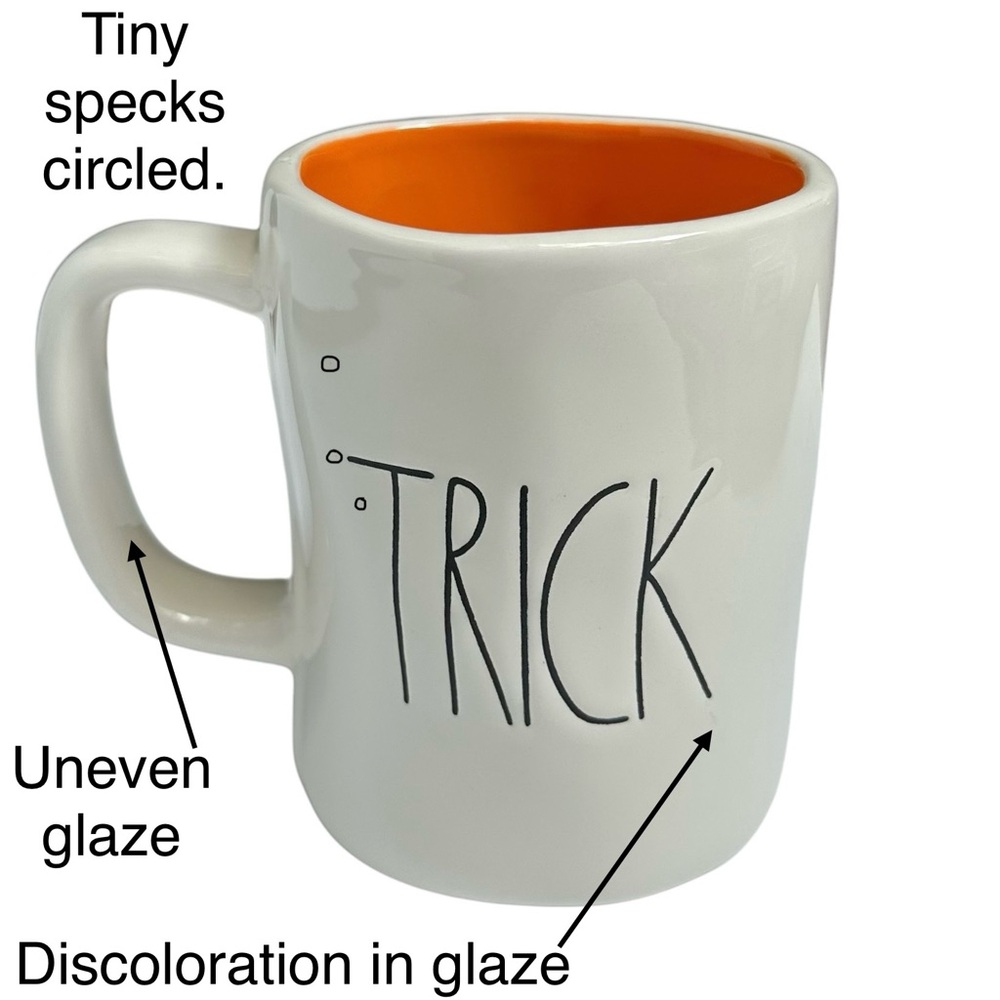 Rae Dunn Halloween Mug TRICK TREAT Double Side White Orange Interior New 2017 OG - Picture 4 of 16